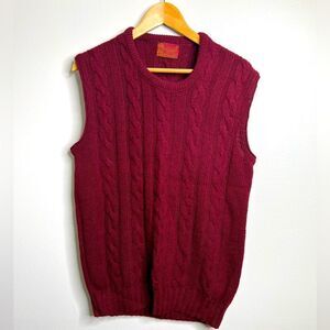 Sears Vintage Red Cable Knit Sweater Vest Men's L V-Neck Sleeveles